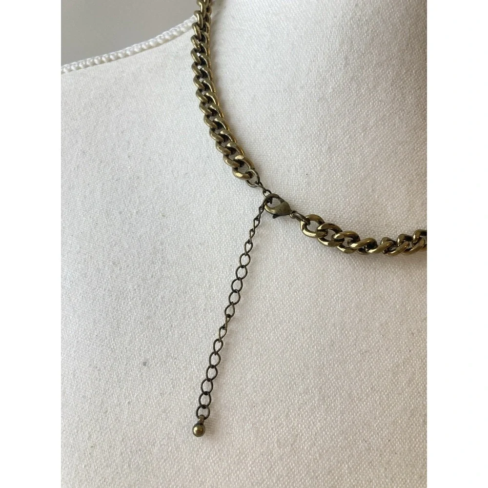 Gold Tone Curb Chain Necklace Charcoal Grey Rhinestone Statement‎ Collar Couture